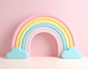 Colorful rainbow arch with pastel hues and fluffy cloud accents, set against a soft pink background, creating a whimsical and cheerful atmosphere for children's decor