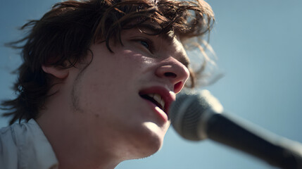 A young man with brown, windblown hair sings into a microphone, his face illuminated by sunlight against a clear blue sky.  His expression is focused and intense.