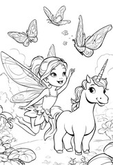 A fairy with large wings interacts with a unicorn, surrounded by butterflies and flowers in a whimsical, outlined scene.