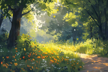 Sunlit forest path winds through vibrant wildflowers, butterflies flutter amidst lush greenery.  A large tree trunk is partially visible.