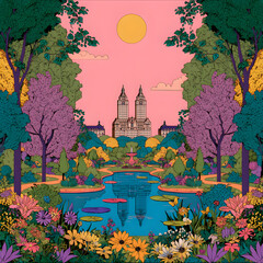 Stylized illustration of a park scene featuring twin towers reflected in a pond, surrounded by vibrant flowers and trees under a large sun.