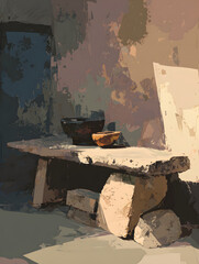 Two bowls rest on a rustic, weathered stone bench.  The scene is bathed in warm, ambient light.  A textured background complements the still life.
