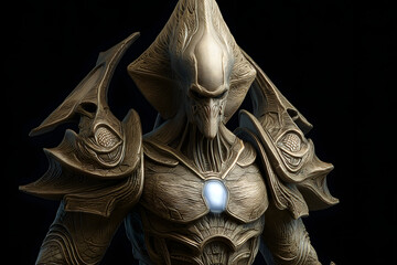 Detailed close-up of a sculpted, armored alien figure.  Intricate textures and glowing chest piece are prominent. The figure's head is uniquely shaped.