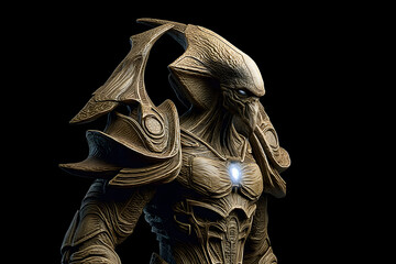 A detailed depiction of a humanoid alien, clad in ornate, textured armor, stands against a black background.  A glowing element is visible on its chest.