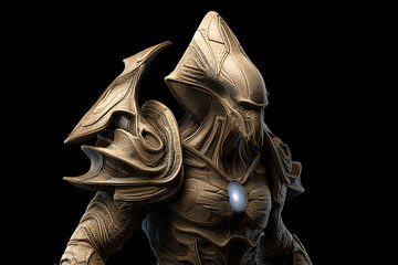 Close-up of an intricately detailed, gold-toned alien figure, wearing elaborate armor, set against a black background.