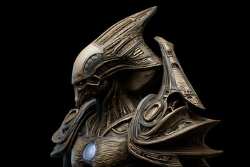 Bronze alien bust, intricate details, dark background.  The figure's head is angled, showcasing ornate, biomechanical armor.