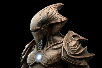 Close-up of an alien warrior's head and shoulders, detailed organic armor, glowing chest piece.