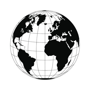 Black silhouette of the earth globe with continents and grid lines