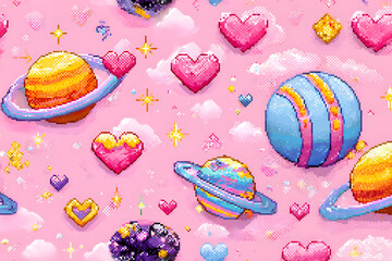 Pixel art seamless pattern featuring planets, hearts, and stars on a pink background.  The style is cute and playful.