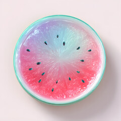 A stylized watermelon slice, rendered in vibrant pink and teal, is presented as a circular, glossy object.  The seeds are dark teal.