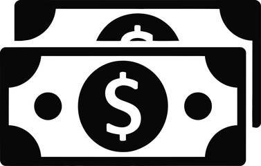 A simple, black and white icon depicting a stack of two US dollar bills.