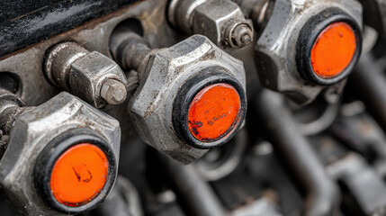 A close-up view of industrial machinery with metallic textures and orange safety details.