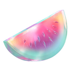 A stylized image depicts a vibrant, iridescent watermelon slice, presented against a plain white backdrop.  The slice exhibits a layered, almost translucent effect.