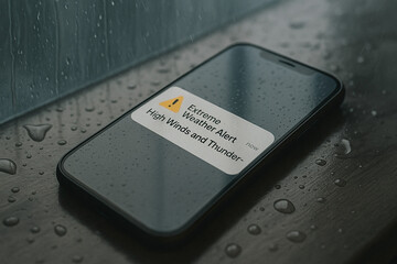 A smartphone displays a weather alert for high winds and thunder, sitting on a wet surface with raindrops.