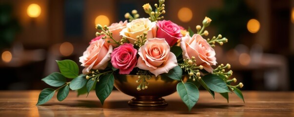 Fototapeta premium Elegant gold centerpiece, cascading floral arrangement, luxury wedding, romantic, wedding reception