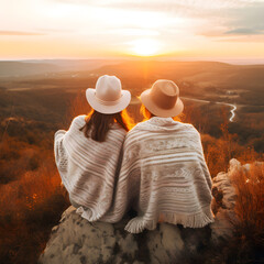 Two women, wearing hats and blankets, sit on a rock, gazing at a sunset over a vast landscape.