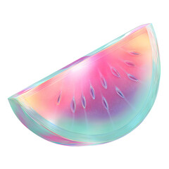 A stylized image depicts a slice of watermelon with iridescent, layered texture and pastel pink, teal, and purple hues.  The seeds are visible.  The background is white.