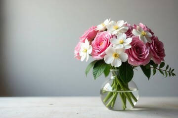 Fototapeta premium Elegant gypsophila bouquet on table, wall backdrop , design, flowers, pretty