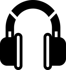 Simple black glyph icon of over-ear headphones for digital webinars, online learning, and virtual meetings. Audio equipment symbol for remote communication and support