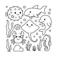 Underwater Sea Animals Coloring Page for Kids