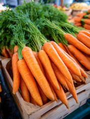 Fresh orange carrots with green tops are displayed in a wooden crate at a market.