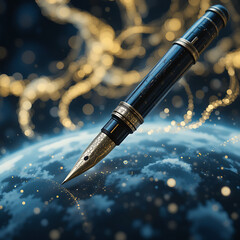 Gold nib fountain pen with ink on paper for business writing