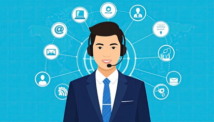Customer service representative with various communication icons