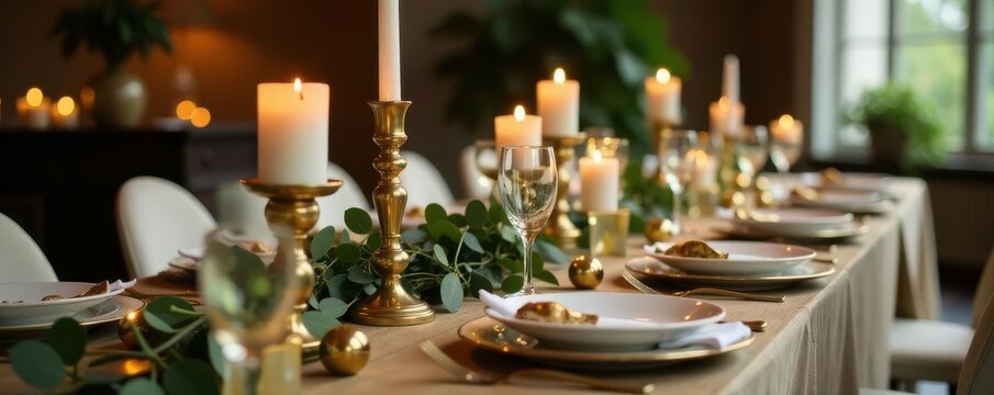Long table setting with gold accents, eucalyptus & candles , style, decor