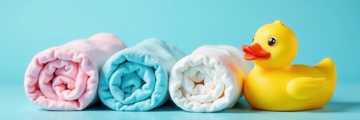 Pastel swaddles, washcloths, rubber duck, blue backdrop, newborn, retail, soft