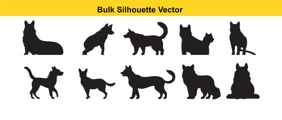 Bulk Silhouette Vector of Various Dog Breeds in Black and White