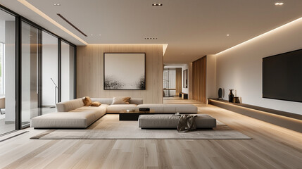 Minimalist modern interior with extra-wide, pale oak vinyl floors as a statement feature, enhanced by recessed lighting and furniture in soft, desaturated colors.