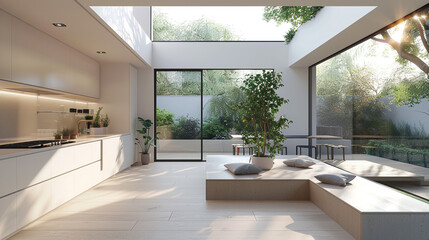 Minimalist white kitchen with massive skylight, floating island, and integrated seating bench.
