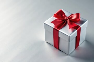 Fototapeta premium Silver gift box with ribbon and bow on silver background , silver bow, holiday gift, packaging