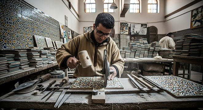 A craftsman carefully chisels a tile, surrounded by tools and materials in workshop.