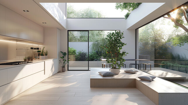 Minimalist white kitchen with massive skylight, floating island, and integrated seating bench.