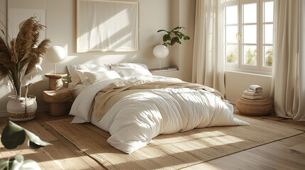 Modern bedroom with wide-plank white oak flooring, soft matte finish, paired with minimalist furniture and warm layered textiles for a clean and cozy look.