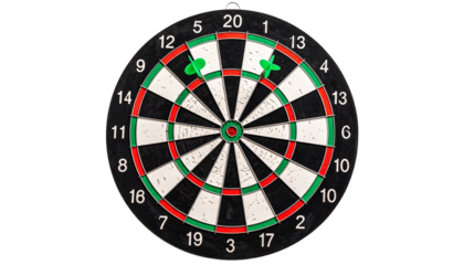 a classic bullseye dartboard with multiple darts perfectly stuck in the red center target. Features sharp, realistic dart tips, metallic shafts, and colorful flights 