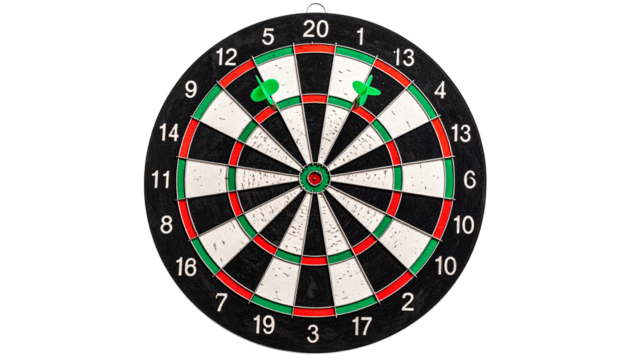  a classic bullseye dartboard with multiple darts perfectly stuck in the red center target. Features sharp, realistic dart tips, metallic shafts, and colorful flights 