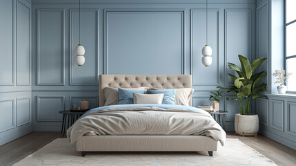 Modern minimalist bedroom with soft blue wall paneling, crisp white wainscoting, a low beige upholstered bed, and simple pendant lights for a serene ambiance.