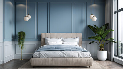 Modern minimalist bedroom with soft blue wall paneling, crisp white wainscoting, a low beige upholstered bed, and simple pendant lights for a serene ambiance.