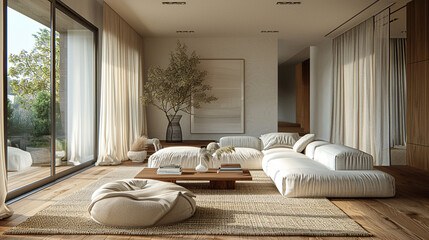 Modern Scandinavian-inspired living room with light oak floors, oak-hued curtains, a white boucle couch, and layered organic textures.