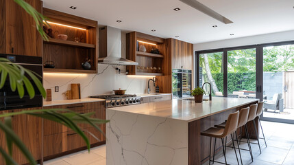 Modern walnut kitchen with waterfall island, ambient LED lighting, and open shelving with ceramic accents.