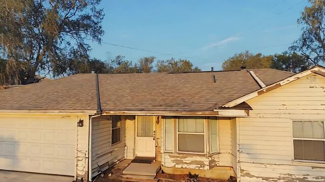 Weathered suburban house needs renovation under sunset light