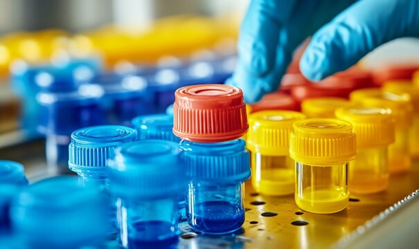 Disabled pharmacist lab technician analysing medicine vials on a pharmaceutical factory conveyor belt. Blue and yellow, with copy space for text, Generative AI
