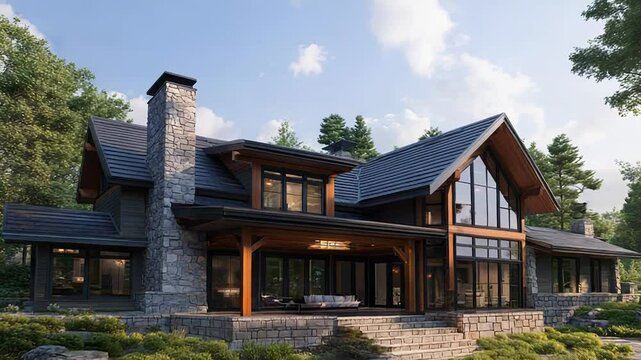 Modern luxury home exterior nestled in forest setting with stone chimney and patio