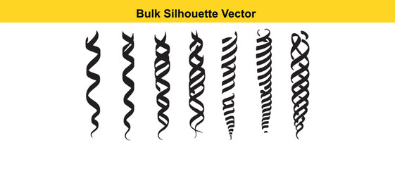 Bulk Silhouette Vector of Curly Hair Strands, Black and White Design