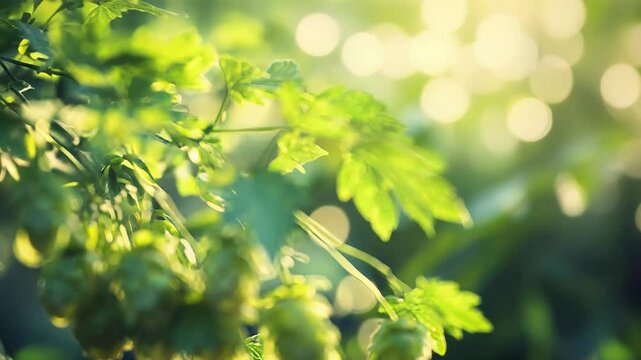 Common hop flowers and leaves growing in a field during a sunny day