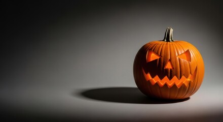 Halloween pumpkin with carved face glowing in the dark, standing on a gray surface with dramatic lighting and shadow.