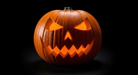 Spooky halloween jack-o'-lantern on dark background. Scary pumpkin decoration for fall season holiday banner.