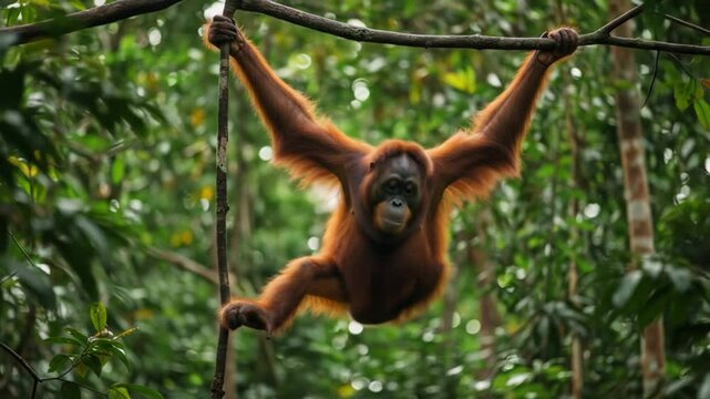 Orangutan hanging from tree branch in lush forest